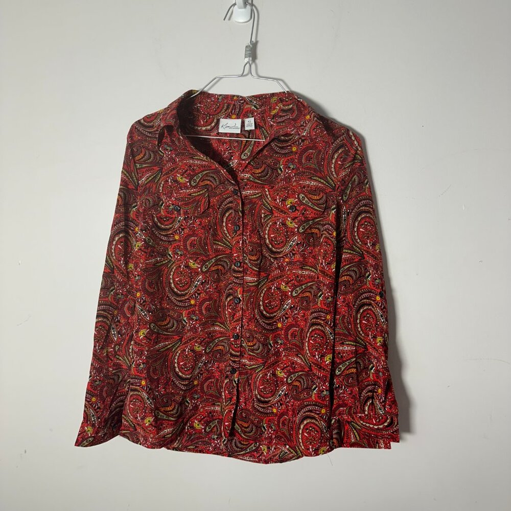Kim Rogers Petite Blouse Shirt PS Small Red Paisley Womens EUC